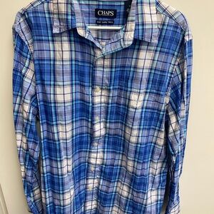 Chaps Blue & White Plaid Casual Button-Down Shirt